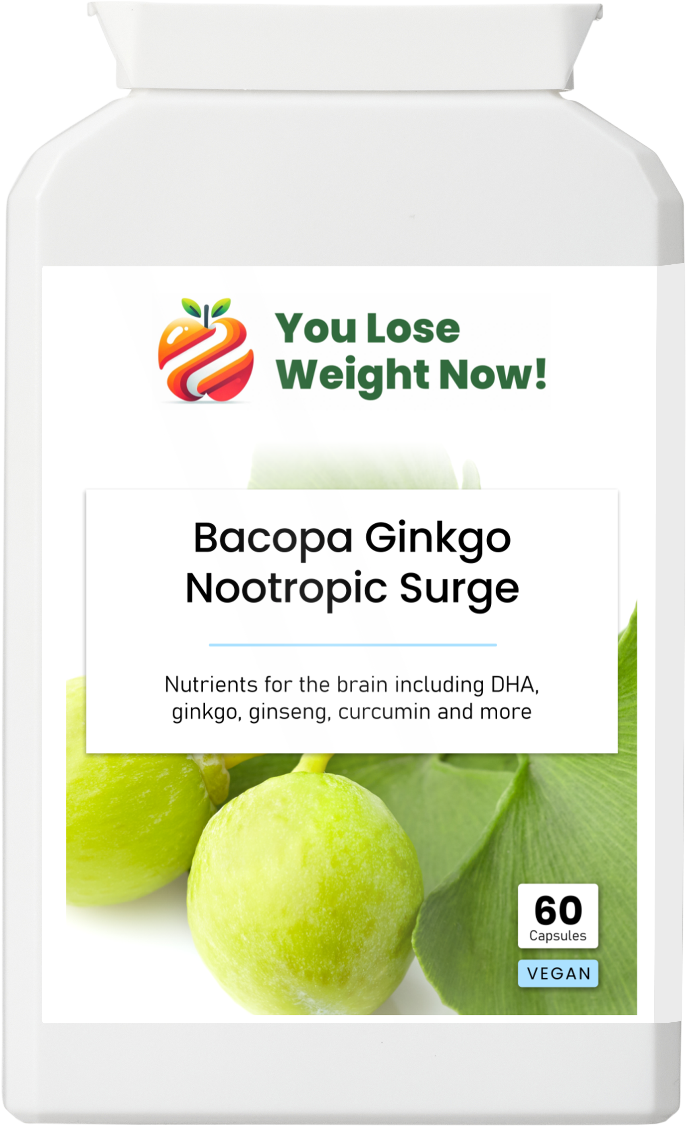Bacopa Ginkgo Nootropic Surge by YouLoseWeightNow! — front label render of flat postal supplement pot