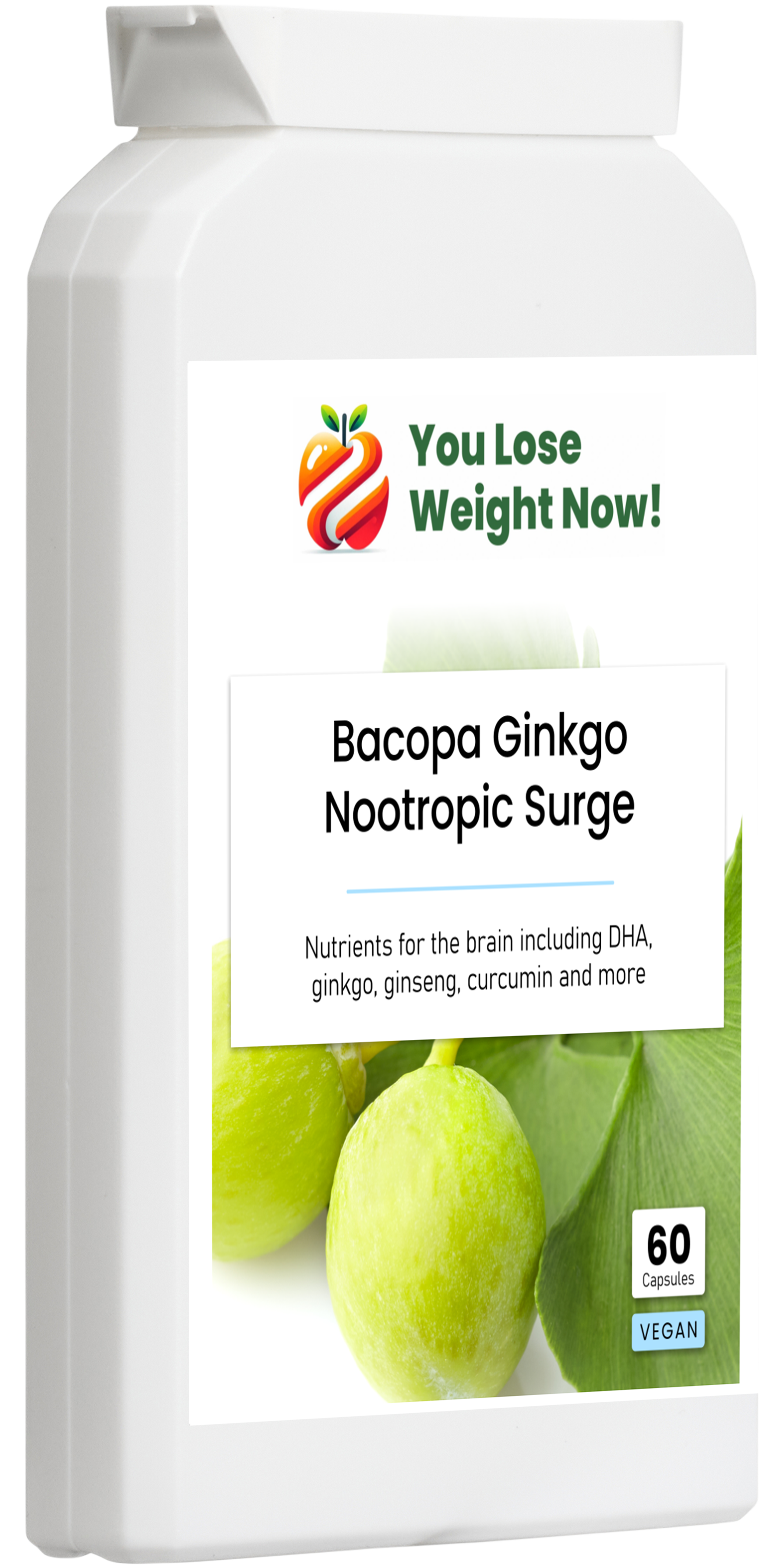 Bacopa Ginkgo Nootropic Surge by YouLoseWeightNow! — right side angle render of flat postal supplement pot
