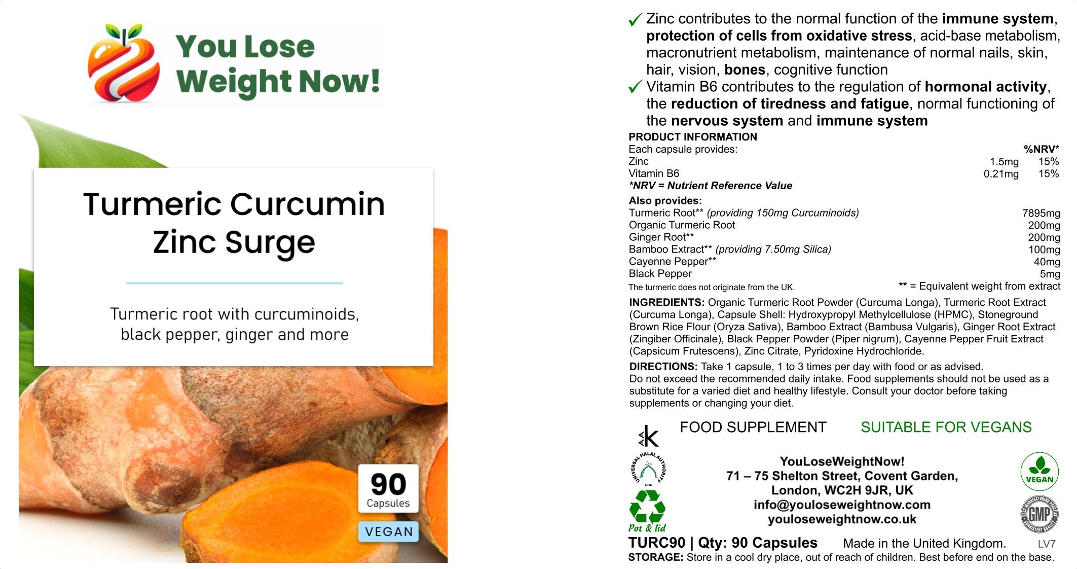 Flat supplement pot of Turmeric Curcumin Zinc Surge by YouLoseWeightNow! displayed together — a tiny flat wide-lidded supplement pot, short, squat and wide like a small face cream pot. Clean white background, no overlay.