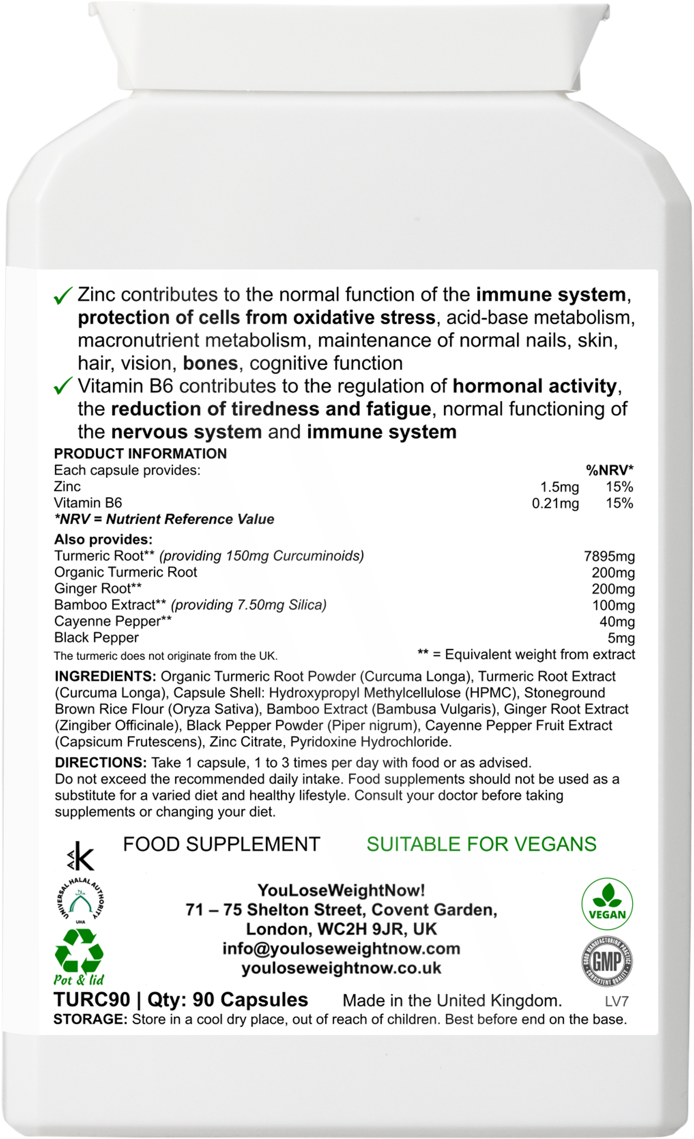 Reverse perspective render of the Turmeric Curcumin Zinc Surge flat supplement pot by YouLoseWeightNow! showing the back and side of the pot. Clean white background, no overlay.