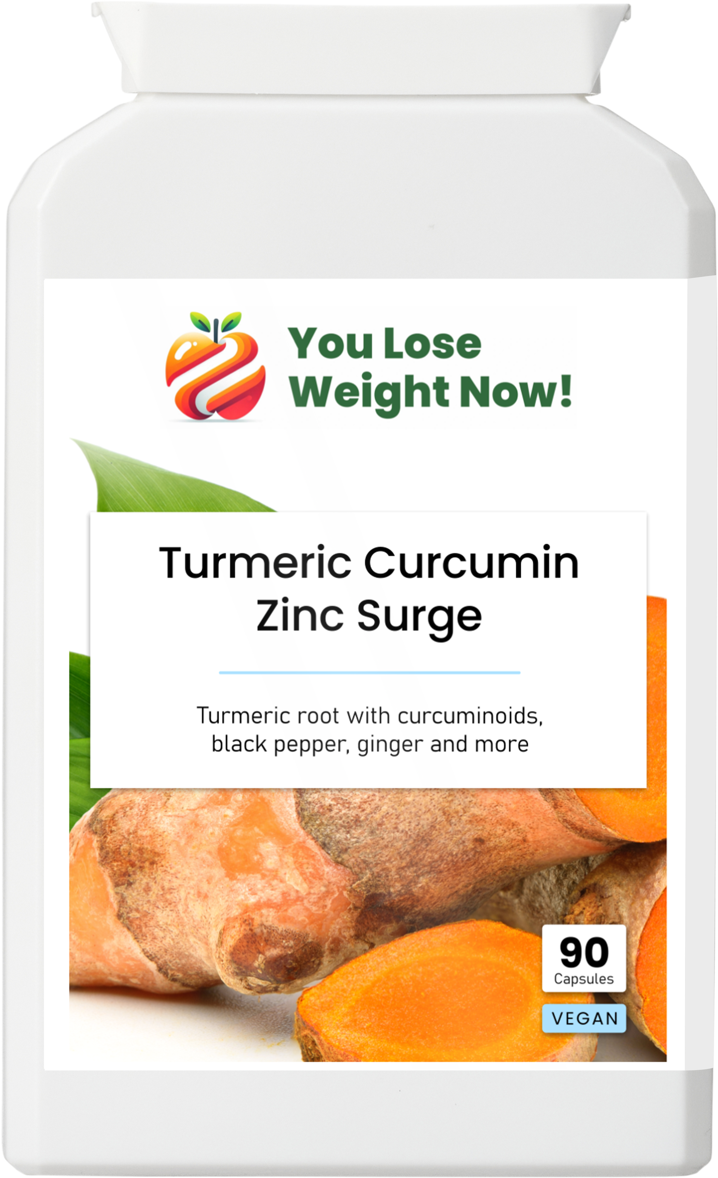 Front render of the Turmeric Curcumin Zinc Surge flat supplement pot by YouLoseWeightNow! showing the full front label. Clean white background, no overlay.