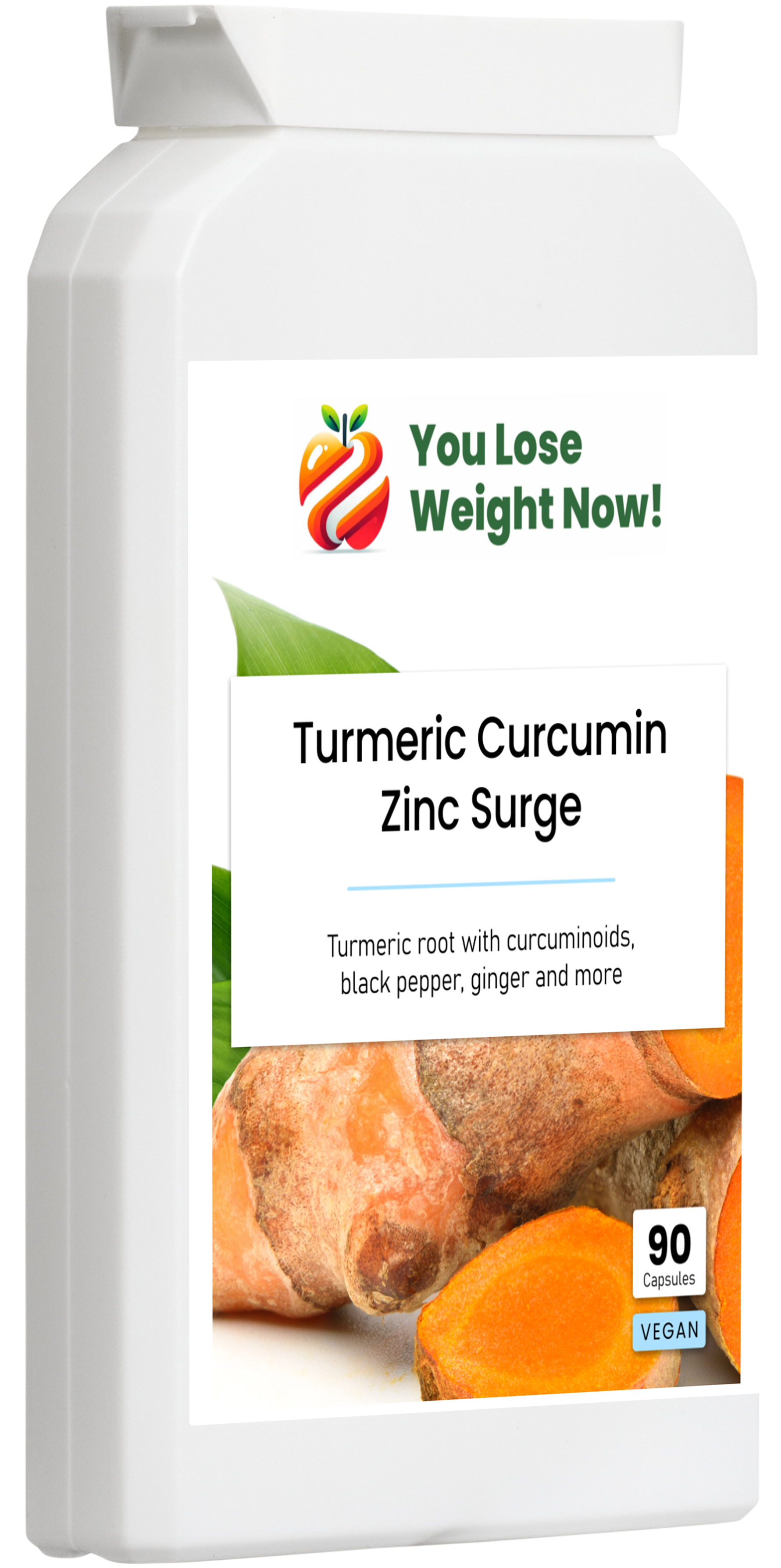 Right side angle render of the Turmeric Curcumin Zinc Surge flat supplement pot by YouLoseWeightNow!. Clean white background, no overlay.