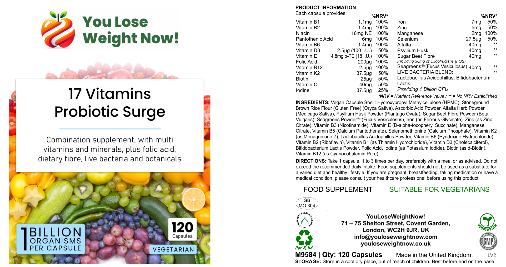 Three YouLoseWeightNow! 17 Vitamins Probiotic Surge flat supplement pots arranged together, showing the full product label. Short, squat and wide like a small face cream pot. Clean product render, no overlay.