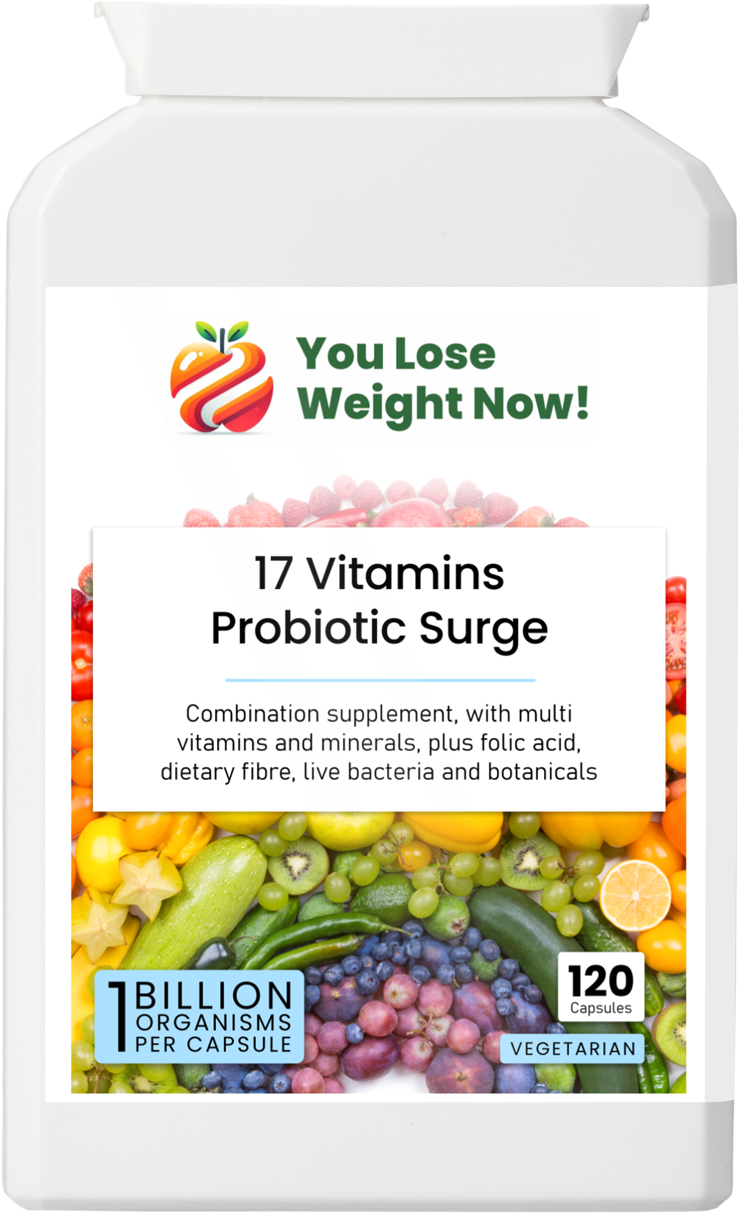 Front render of the YouLoseWeightNow! 17 Vitamins Probiotic Surge flat supplement pot showing the full product label. Clean product render, no overlay.