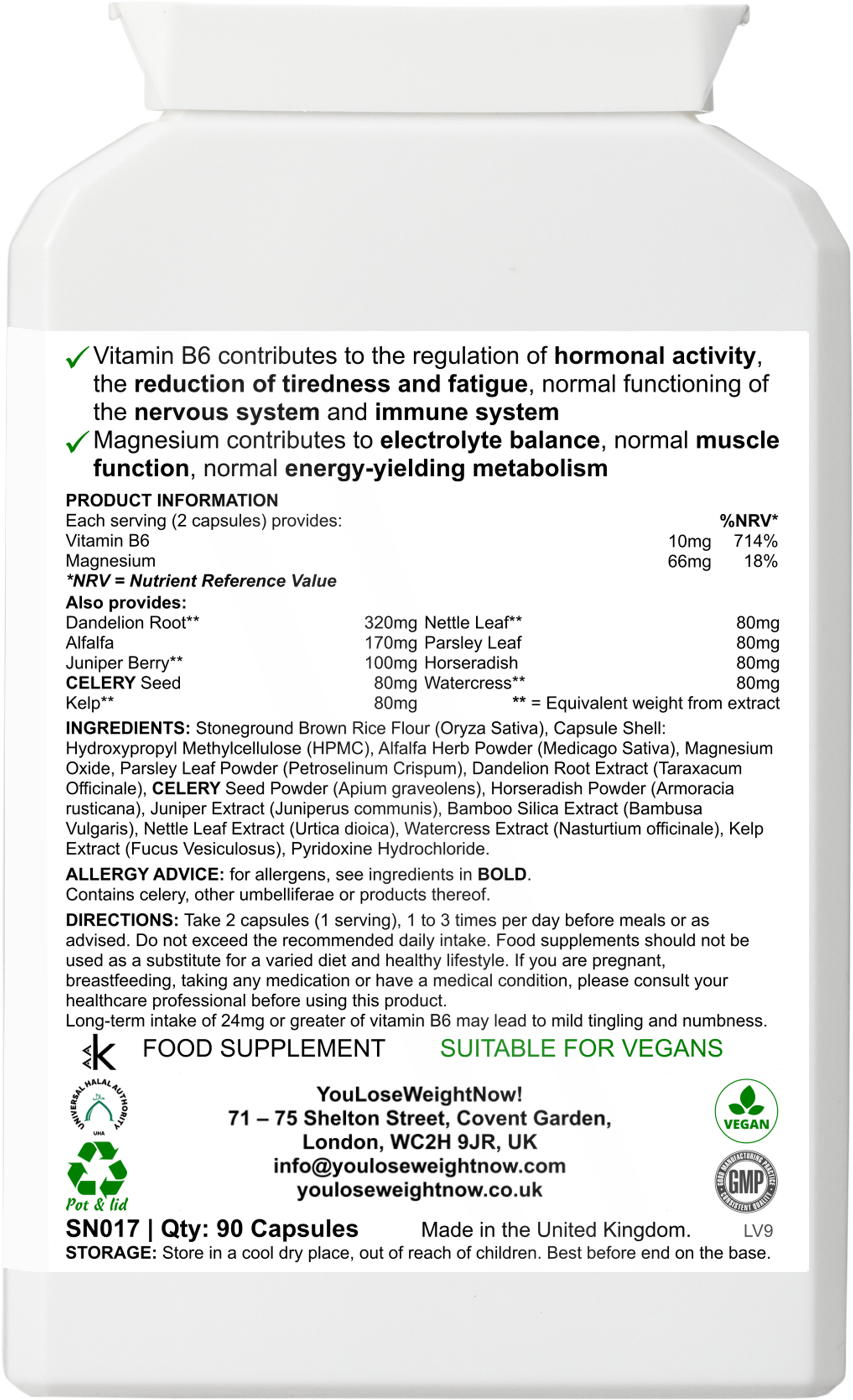 Magnesium Electrolyte Balance Surge by YouLoseWeightNow! — back label render showing full ingredients, usage information and certifications