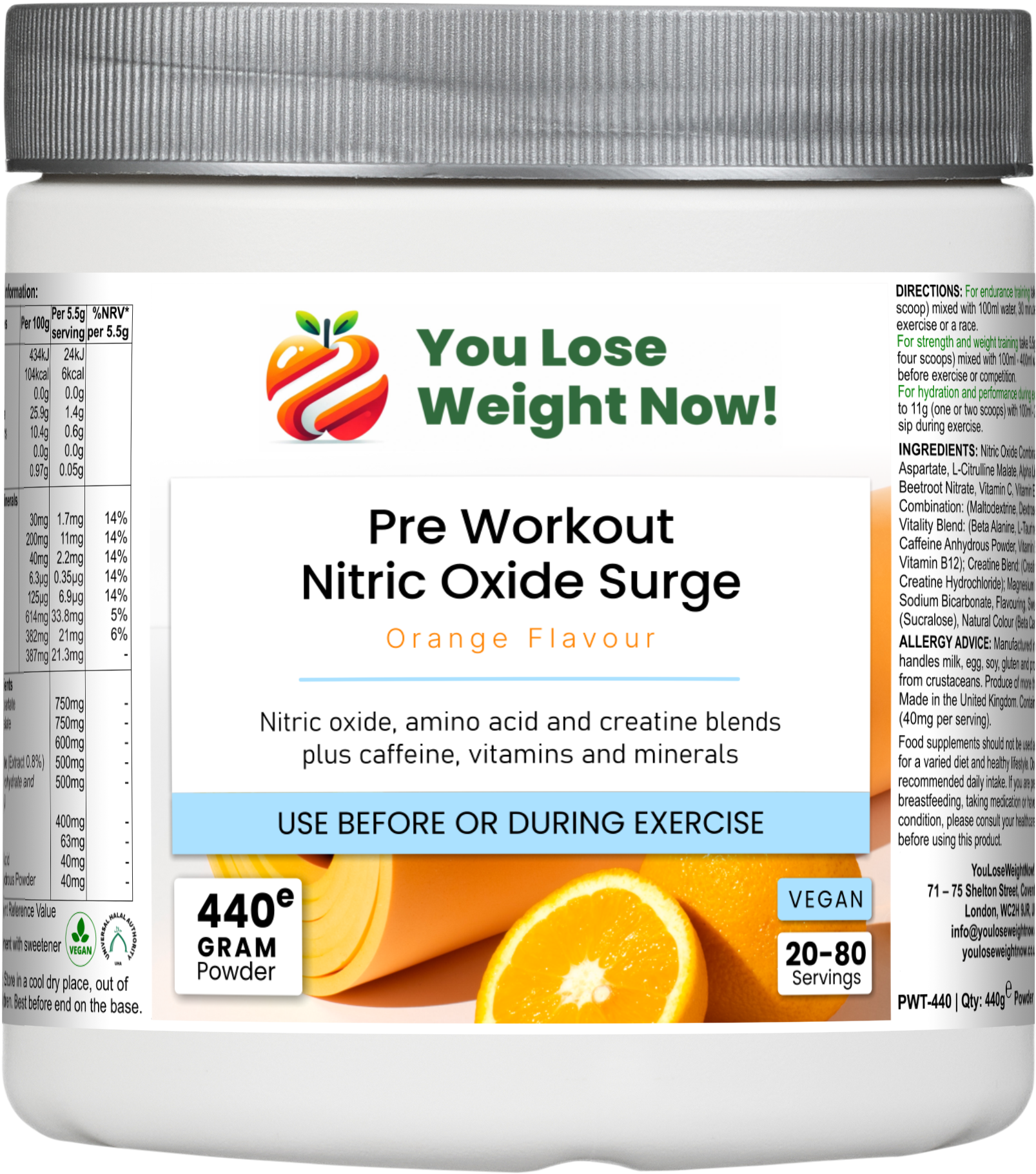 Front render of Pre Workout Nitric Oxide Surge — a short squat wide round supplement pot with a flat lid, silver lid, clean product shot showing label detail. Clean product render, no overlay.