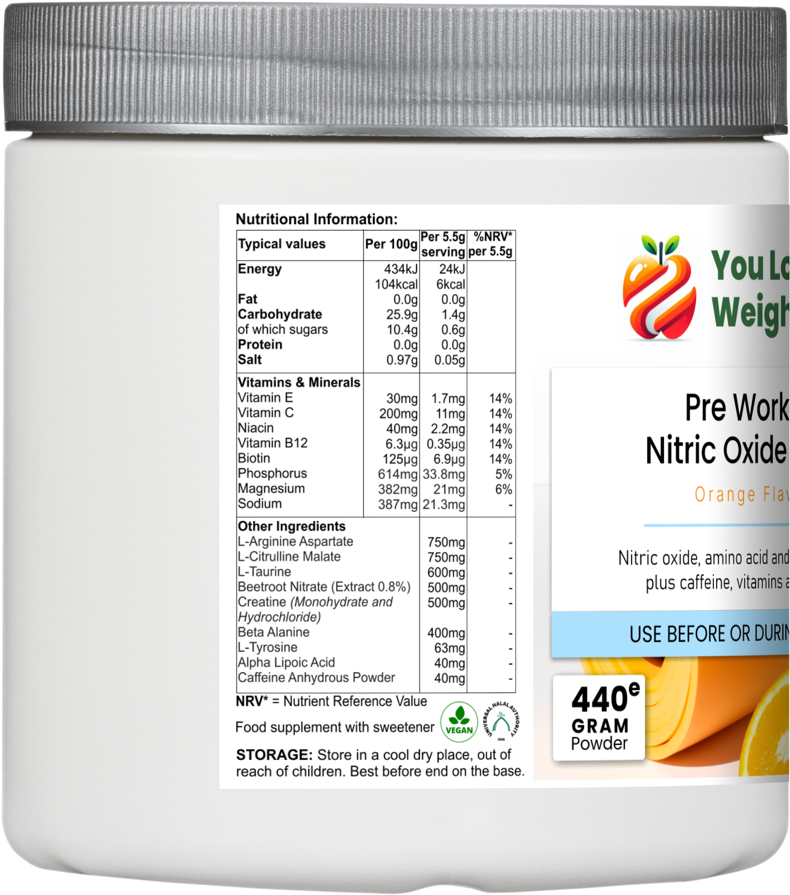 Side render of Pre Workout Nitric Oxide Surge (right side) — a short squat wide round supplement pot with a flat lid, silver lid, showing the right-side panel of the product label. Clean product render, no overlay.