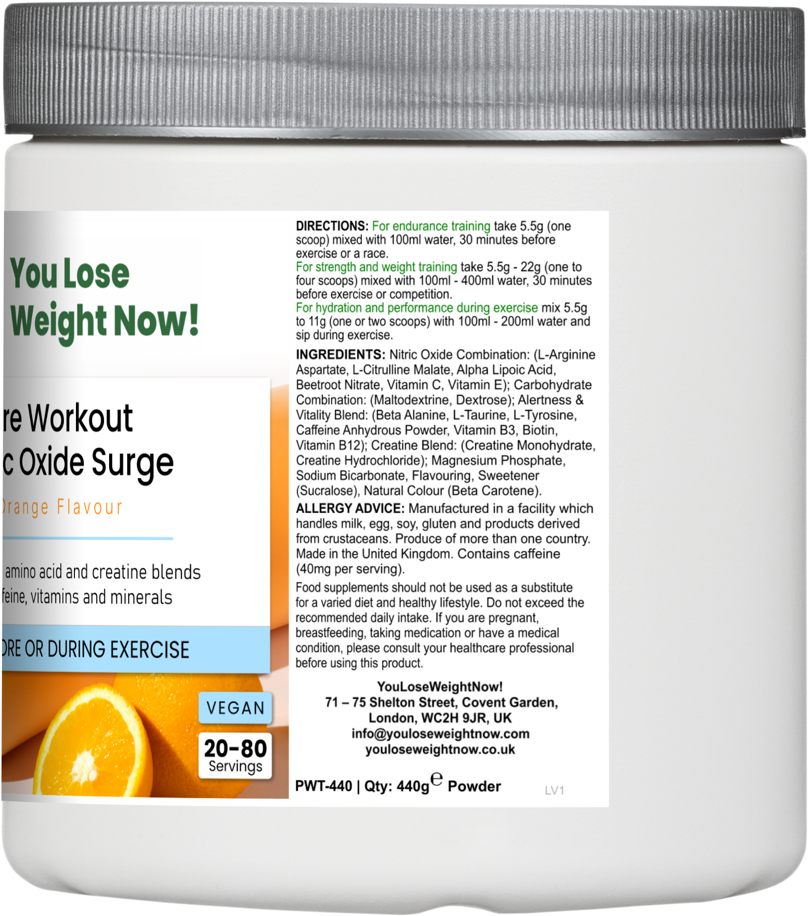  Side render of Pre Workout Nitric Oxide Surge (left side) — a short squat wide round supplement pot with a flat lid, silver lid, showing the left-side panel of the product label. Clean product render, no overlay.