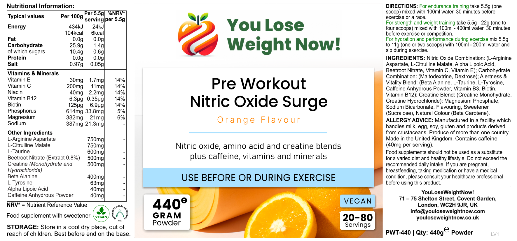 Front-facing hero render of Pre Workout Nitric Oxide Surge — a short squat wide round supplement pot with a flat lid, silver lid, showing the full product label with orange flavour branding. Clean product render, no overlay.