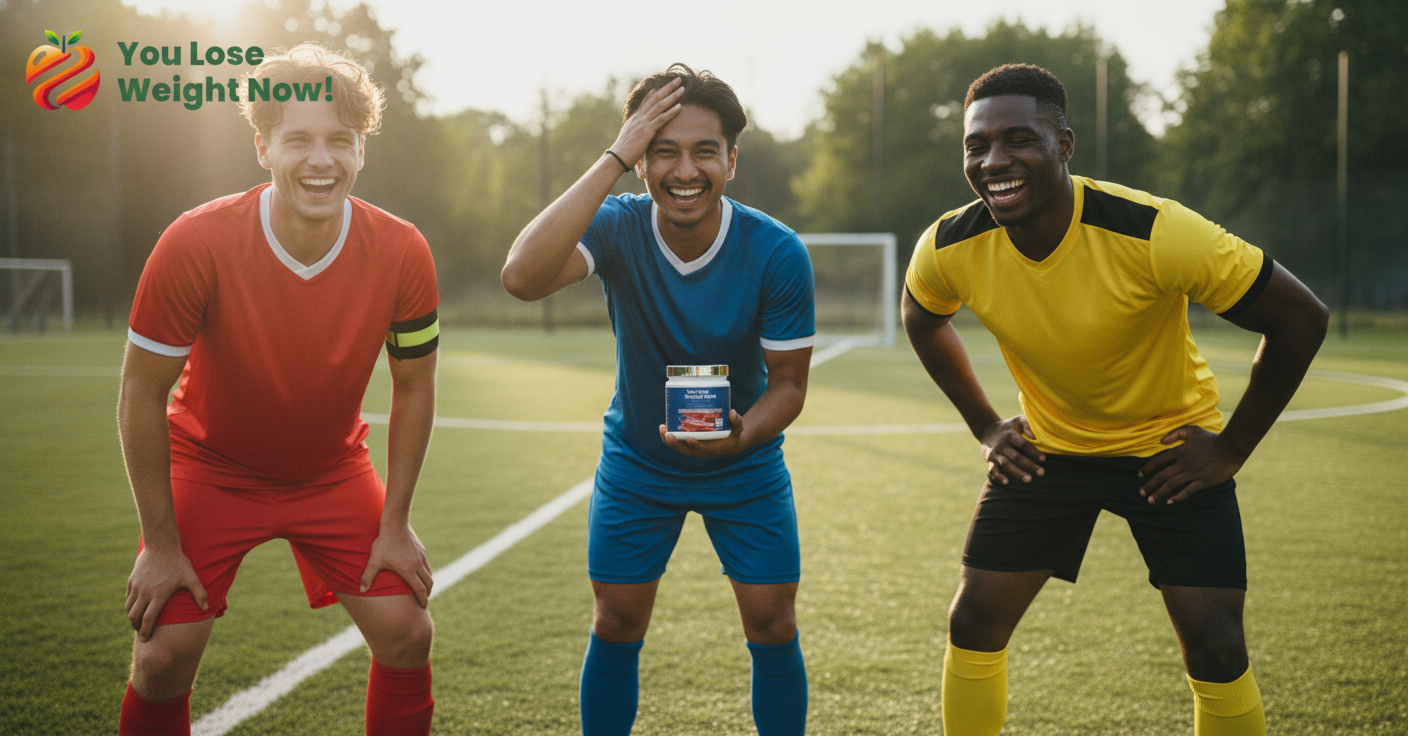 Three men in their twenties — one White, one South Asian, one Black — in football kit on a bright outdoor 5-a-side pitch, post-match, laughing and catching their breath. One holds the Hydration Electrolyte Surge pot — a short squat wide round supplement pot with a flat silver lid — the pot is the size of his hand. The YouLoseWeightNow! logo is visible in the top left corner of the image.
