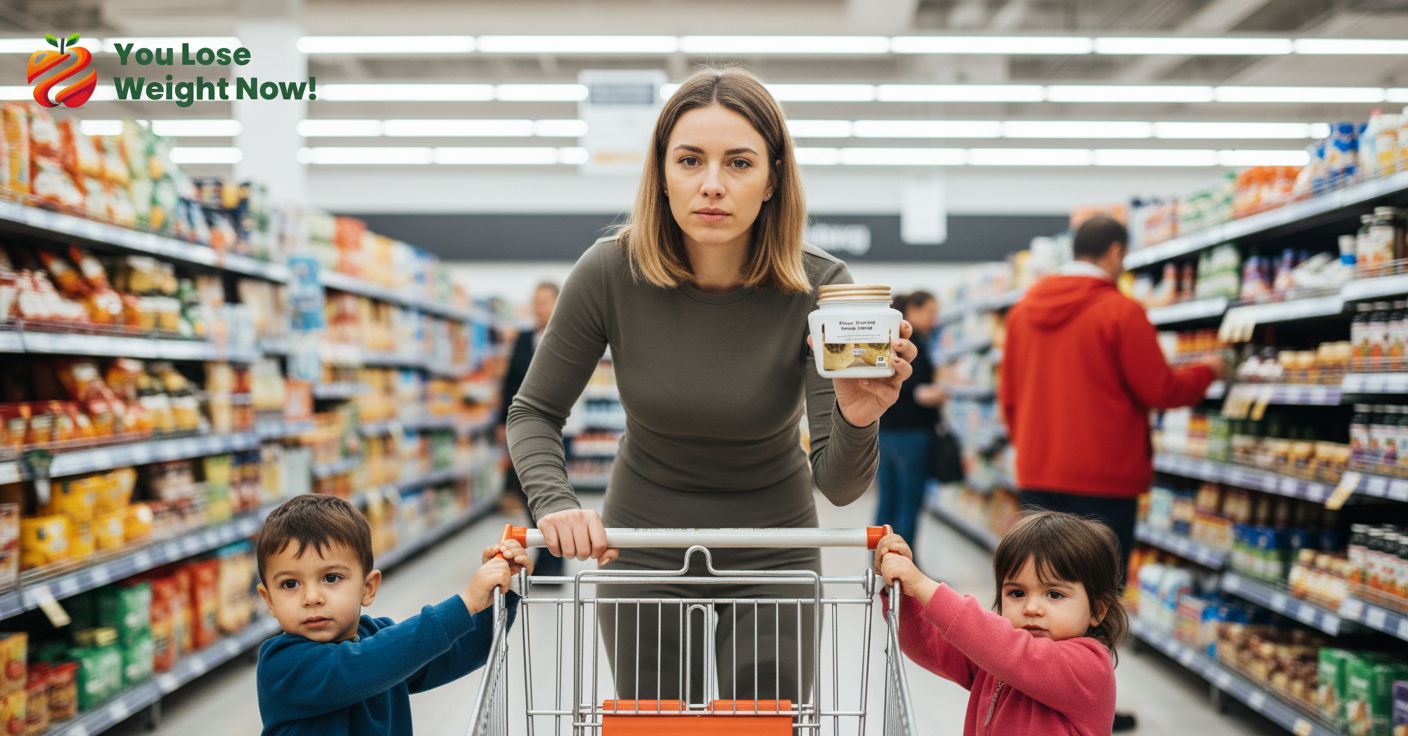 Exhausted young mum in a busy supermarket aisle, two young children pulling at the trolley, holding YouLoseWeightNow! Maca Ginseng Energy Surge flat pot