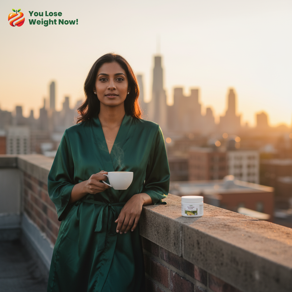 South Asian woman on a city rooftop at golden hour holding a YouLoseWeightNow! NAC Artichoke Liver Flow flat supplement pot — lifestyle shot