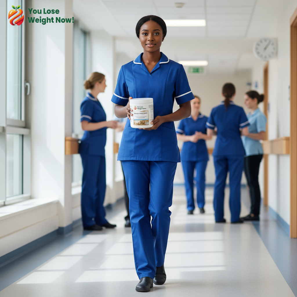 A young Black woman in her late 20s in nurse's scrubs walks confidently down a bright hospital corridor during a break, holding the YouLoseWeightNow! Lean Meal Protein Shake round pot. Other hospital staff visible in the background. Editorial quality, natural light, lifestyle magazine aesthetic. The YouLoseWeightNow! logo is visible in the top left corner of the image.