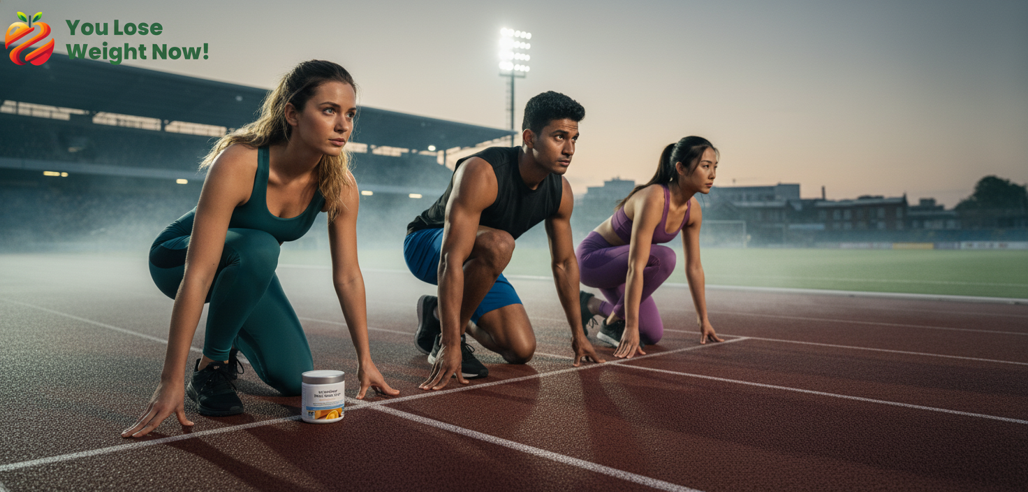 Three athletes — a White woman, a South Asian man, and an East Asian woman — crouch at the start line of an outdoor athletics track at dawn, mist rising off the track. The Pre Workout Nitric Oxide Surge pot sits on the track beside them. The YouLoseWeightNow! logo is visible in the top left corner of the image.