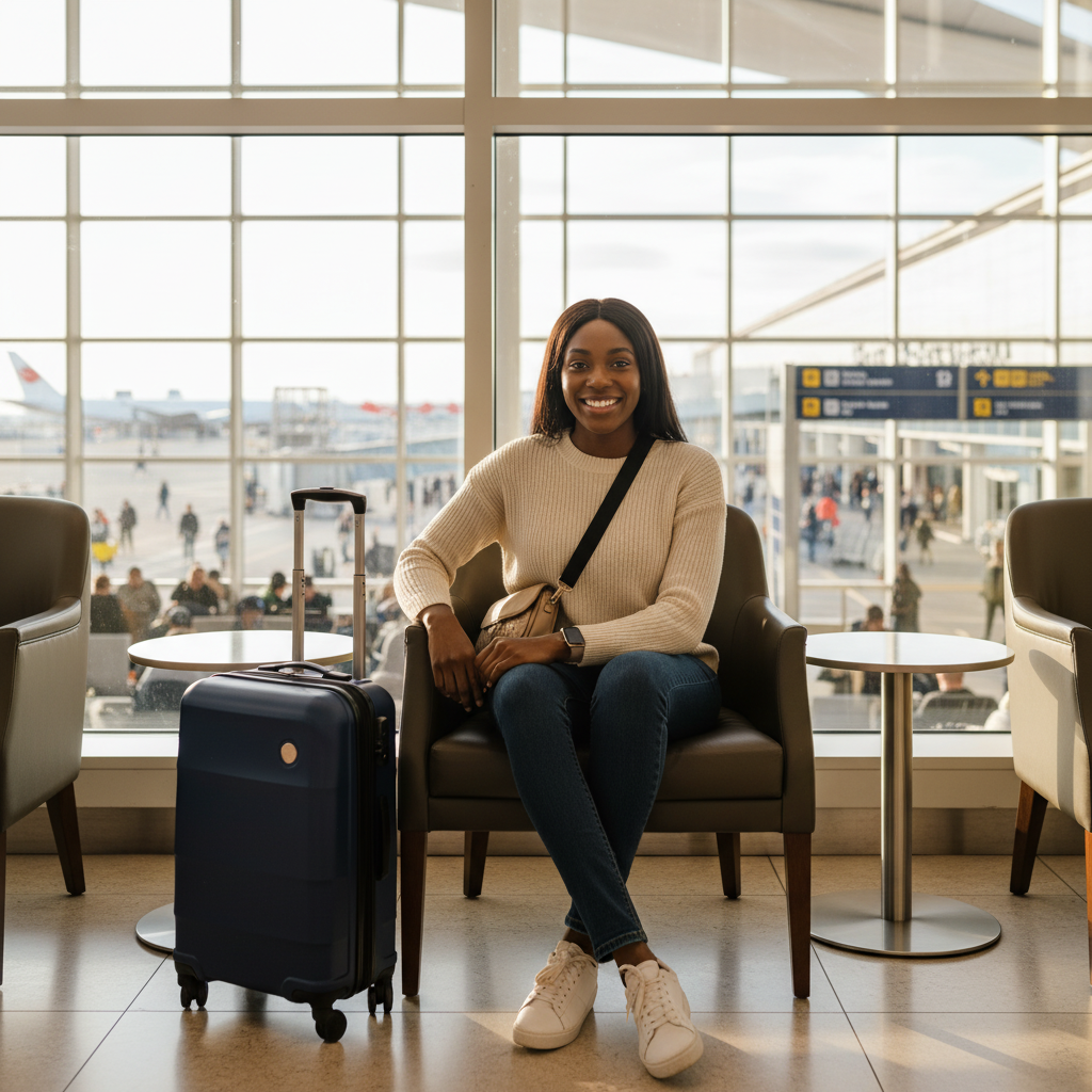A young Black woman at an airport departure lounge with carry-on luggage — YouLoseWeightNow! Saccharomyces Boulardii Gut Flow lifestyle shot
