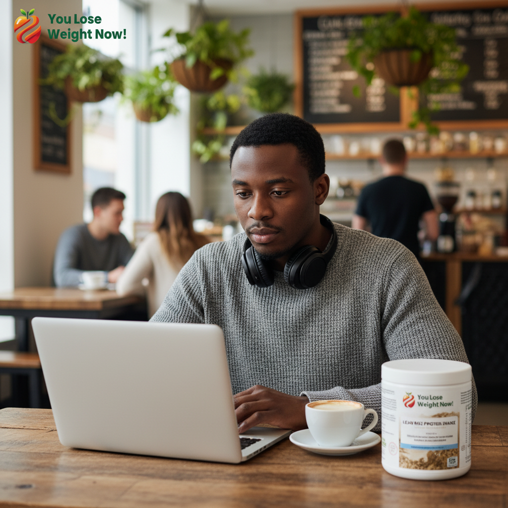 A Black man in his late 20s sits at a wooden table in a busy independent coffee shop, laptop open, headphones around his neck. The YouLoseWeightNow! Lean Meal Protein Shake round pot sits on the desk beside his coffee cup, label facing forward. Plants visible in the background, warm ambient light, editorial quality. The YouLoseWeightNow! logo is visible in the top left corner of the image.