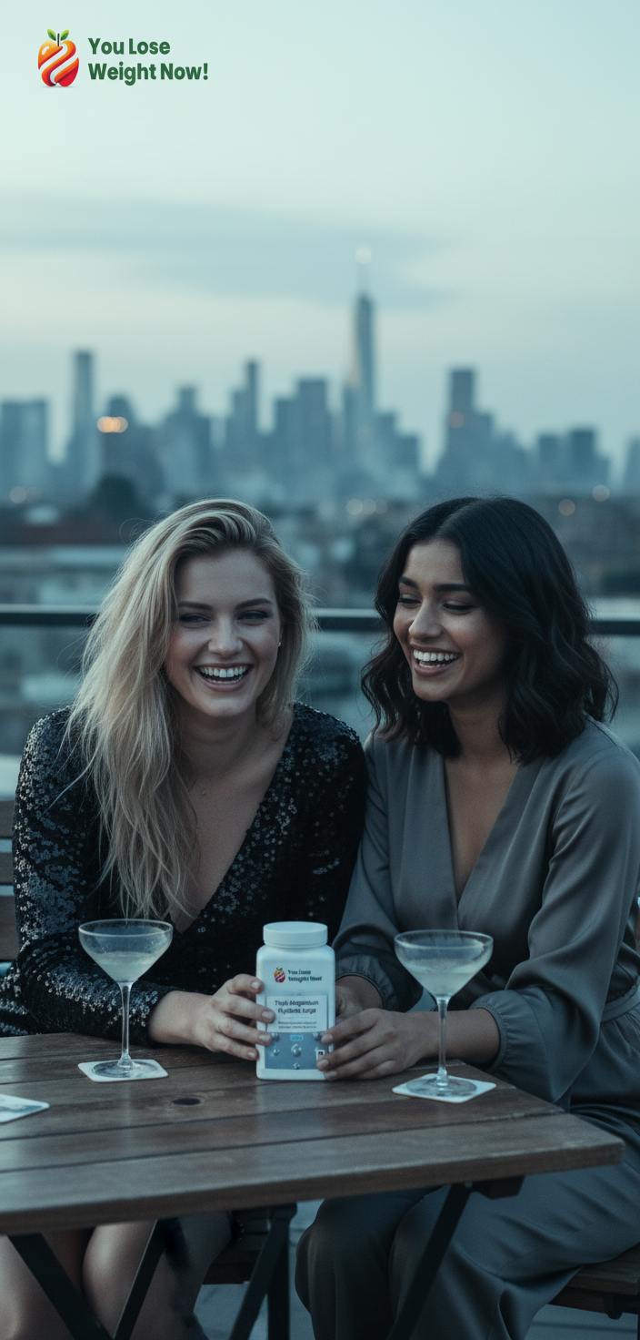 two women in their mid-20s, one White and one South Asian, on a rooftop terrace at dawn still dressed from the night before, laughing with the tiny flat supplement pot on the table between them, city skyline behind. The YouLoseWeightNow! logo is visible in the top left corner of the image.