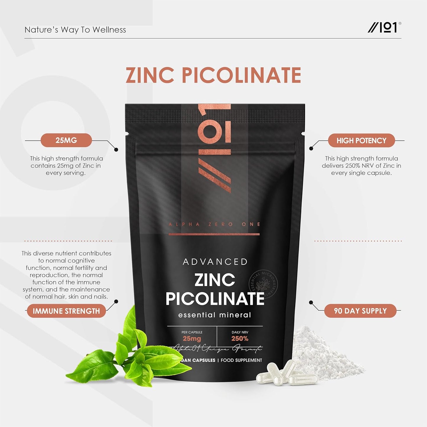 Zinc Picolinate 25Mg – 90 Vegan Capsules (3 Months Supply) – 250% Daily NRV - El