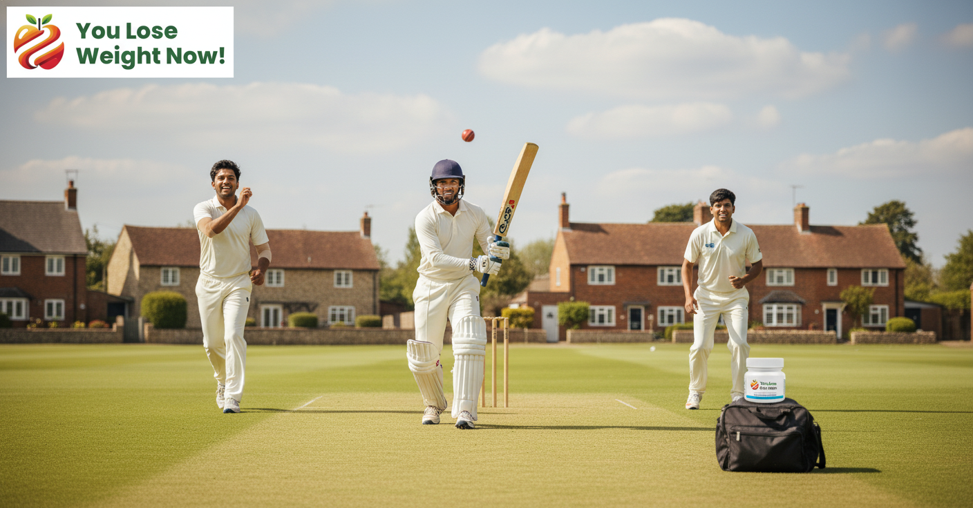 Three young South Asian men at the cricket wicket on a sunny English village green, one batting, one bowling, one keeping wicket, a tiny flat wide-lidded YouLoseWeightNow! 20 Billion Gut Biotic supplement pot on top of the kit bag at the boundary. The YouLoseWeightNow! logo is visible in the top left corner of the image.