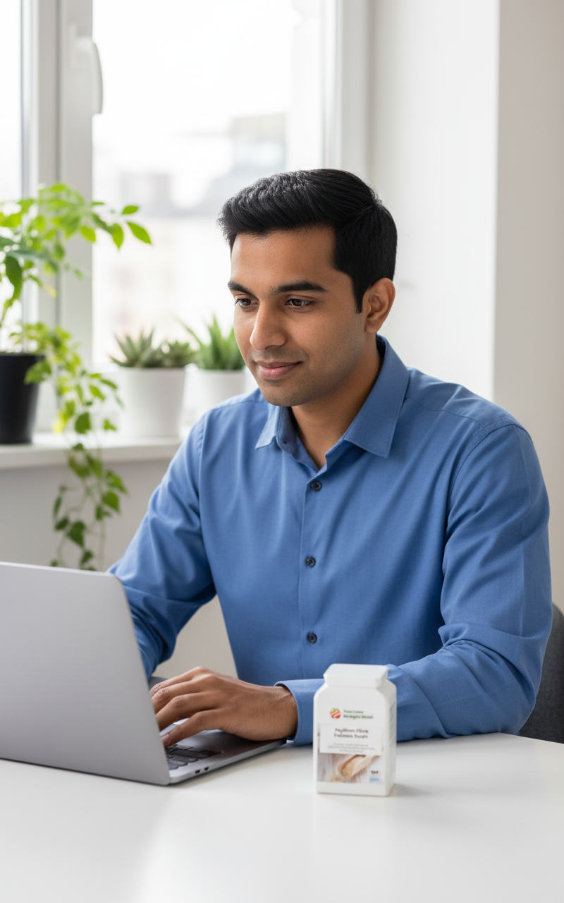 South Asian male office worker with Psyllium Fibre Fullness Surge by YouLoseWeightNow! on his desk alongside laptop and indoor plants