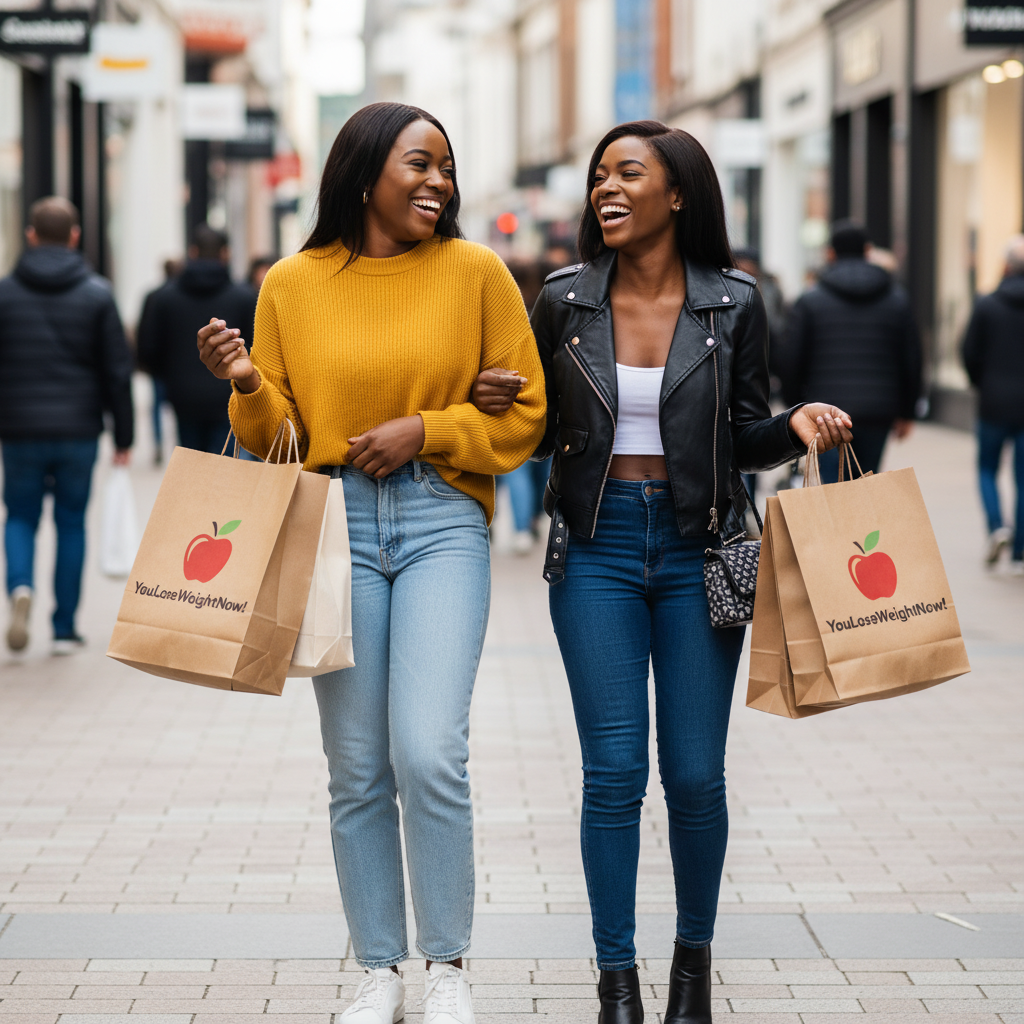 Two Black women on a busy high street shopping trip carrying YouLoseWeightNow! branded bags — lifestyle image for Garcinia Cambogia Metabolism Ignite
