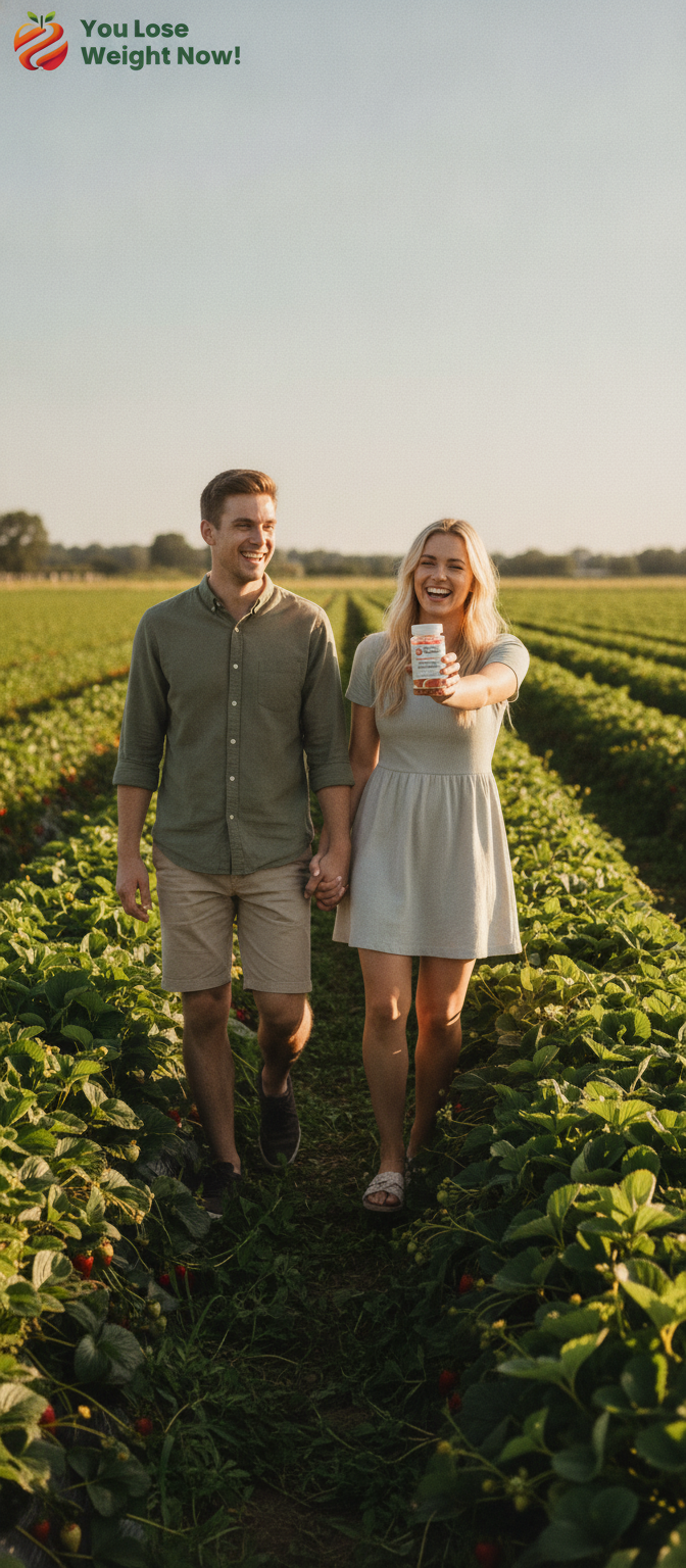 A young White couple walk hand in hand through a lush strawberry field on a bright summer's day. The woman holds a Multi Vitamin Gummies Glow bottle up to the sunlight, laughing. The YouLoseWeightNow! logo is visible in the top left corner of the image.