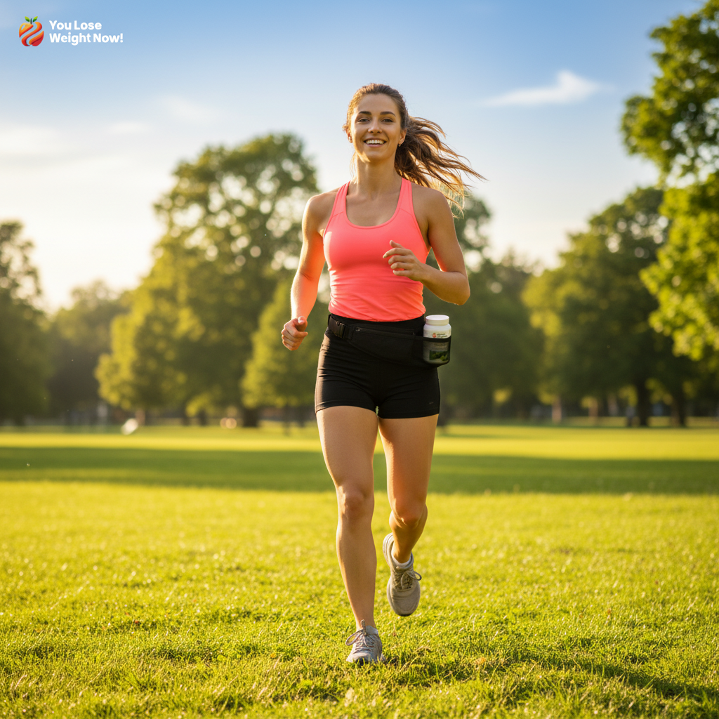 A White woman in her mid-20s running through a sunny green park, full of energy and smiling, the YouLoseWeightNow! Pea Protein Spirulina Surge white round barrel pot visible in her running belt or bag pocket. The YouLoseWeightNow! logo is visible in the top left corner of the image.