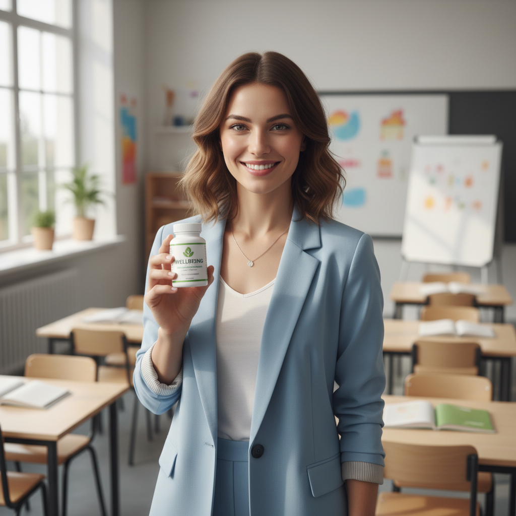 Female teacher in a classroom holding Antarctic Krill Oil Omega Surge supplement — everyday wellness — YouLoseWeightNow!