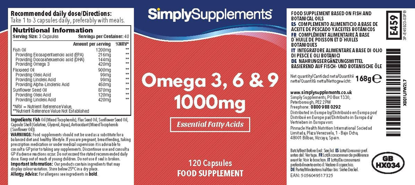 Omega 3, 6, & 9 1000Mg Fish Oil | Supplement Providing Fish Oil, Flaxseed Oil & Sunflower Oil | Contains ALA, EPA & DHA | UK Made (120 Capsules)