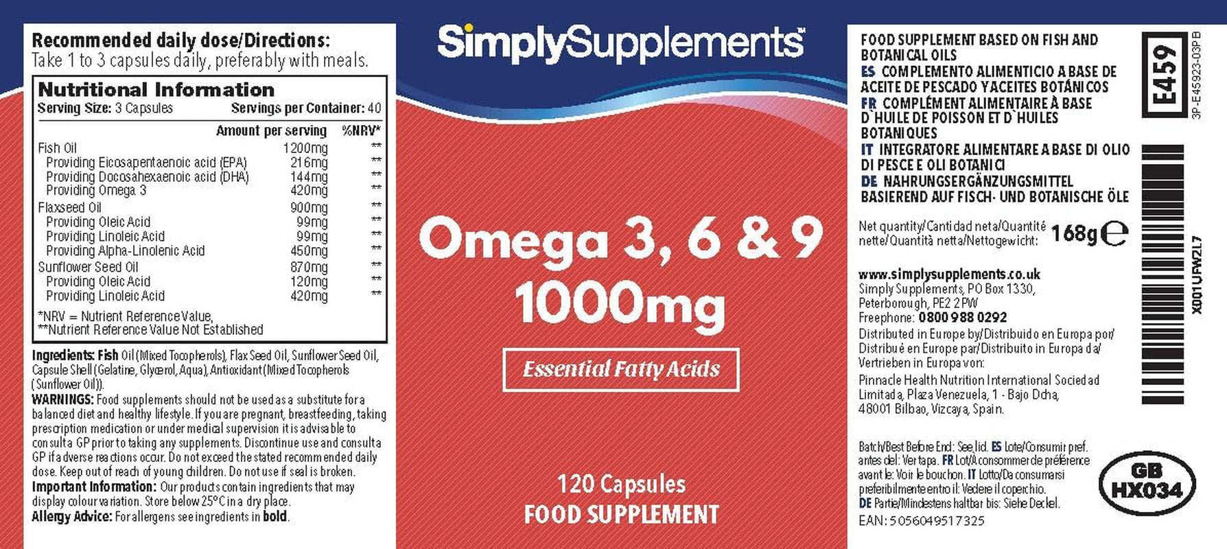 Omega 3, 6, & 9 1000Mg Fish Oil | Supplement Providing Fish Oil, Flaxseed Oil & Sunflower Oil | Contains ALA, EPA & DHA | UK Made (120 Capsules)