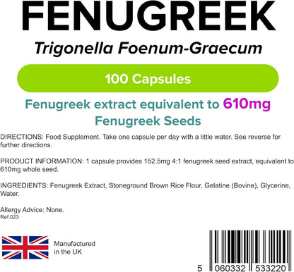 - Fenugreek 610Mg - 100 Capsules - One-A-Day - UK Made - Rich in Saponins (3+ Months Supply), Natural Herbal Food Supplement in Rapid Release, Easy to Swallow Capsule - Letterbox Friendly