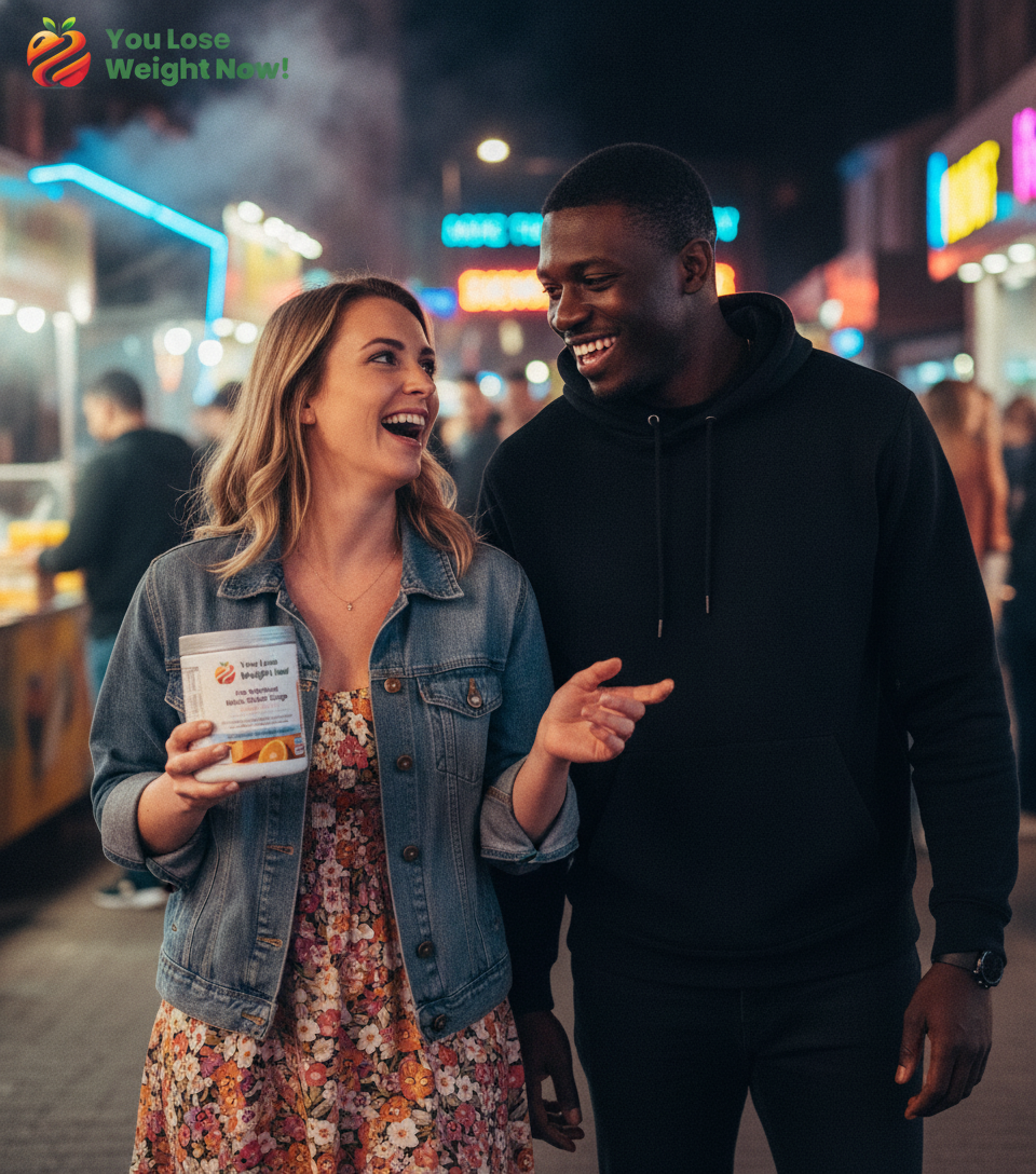 A stylish White woman in her late twenties and a Black man in his early thirties walk through a vibrant night market, neon lights and street food stalls glowing around them. She holds the Pre Workout Nitric Oxide Surge pot, both laughing. The YouLoseWeightNow! logo is visible in the top left corner of the image.