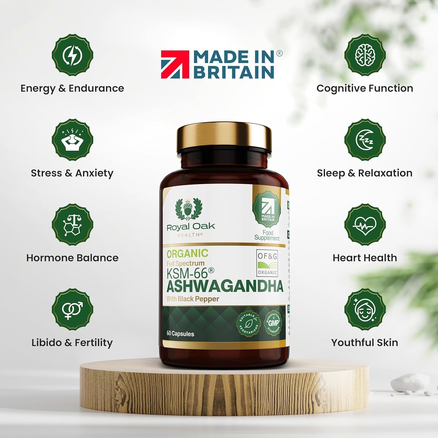 Organic High Concentration Full Spectrum KSM-66 ASHWAGANDHA with 5% Withanolides and Black Pepper, Made in Britain by , 60 Capsules