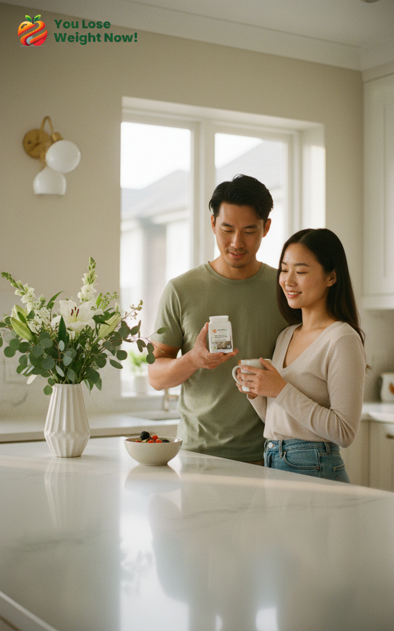 A stylish East Asian couple in their late 20s stand together in a bright modern kitchen during their morning routine, one holding the Multi-Mushroom Lion's Mane Surge flat supplement pot by YouLoseWeightNow!, a vase with beautiful fresh flowers on the kitchen counter, warm natural morning light, editorial lifestyle photography. The YouLoseWeightNow! logo is visible in the top left corner of the image.
