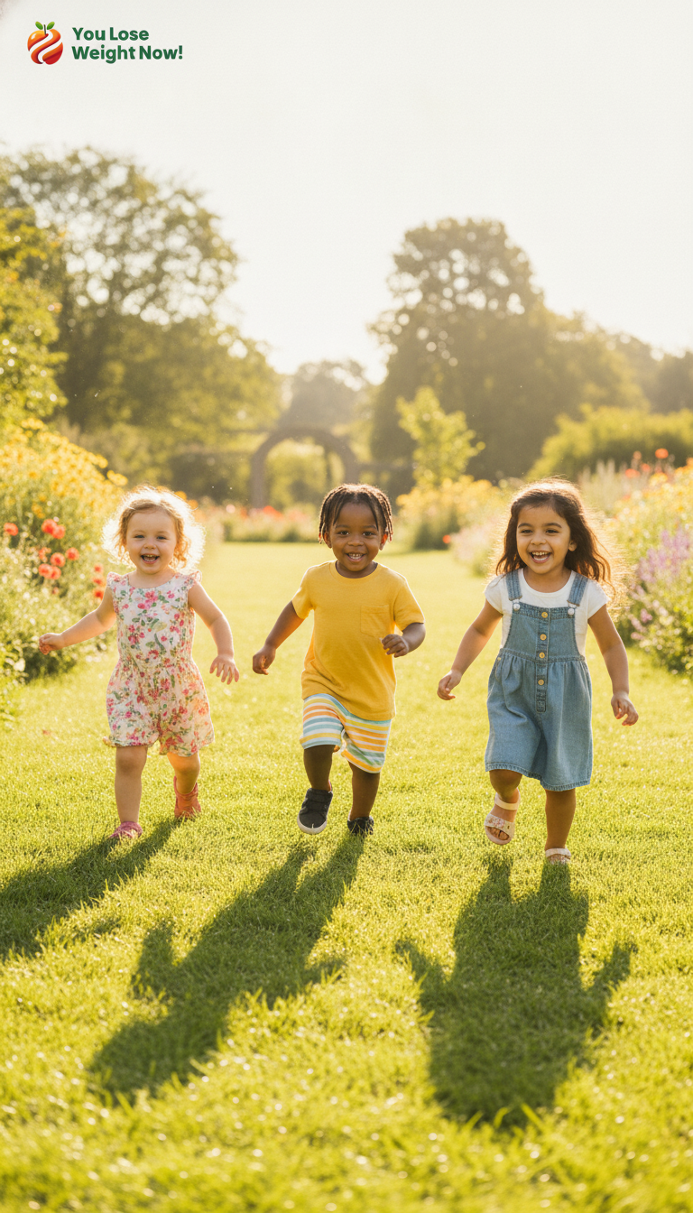 Three toddlers — one White, one Black, one South Asian — run side by side laughing across a lush green summer garden in bright sunshine. The YouLoseWeightNow! logo is visible in the top left corner of the image.