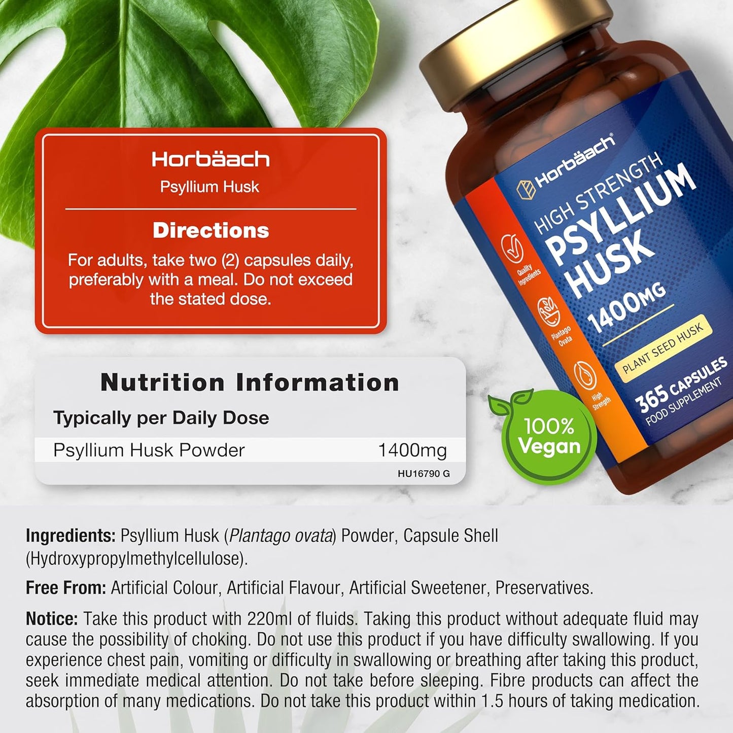 Psyllium Husk Capsules 1400Mg | Fibre Supplement | 365 Vegan Capsules (6-Month Supply) | High Strength Psyllium Husk Powder | Natural Prebiotic | by