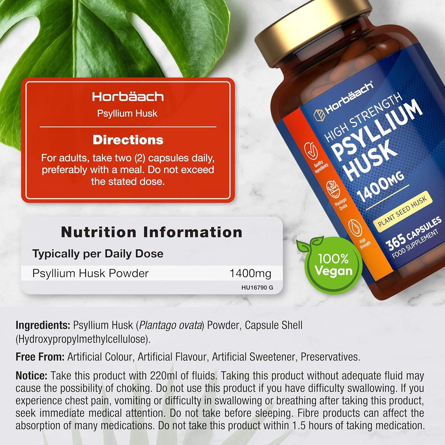 Psyllium Husk Capsules 1400Mg | Fibre Supplement | 365 Vegan Capsules (6-Month Supply) | High Strength Psyllium Husk Powder | Natural Prebiotic | by