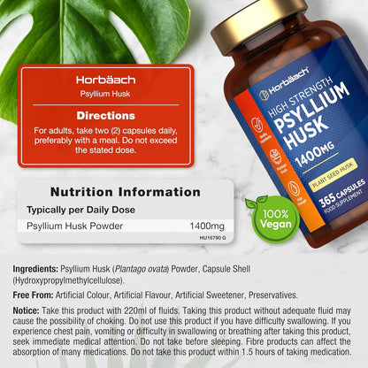 Psyllium Husk Capsules 1400Mg | Fibre Supplement | 365 Vegan Capsules (6-Month Supply) | High Strength Psyllium Husk Powder | Natural Prebiotic | by