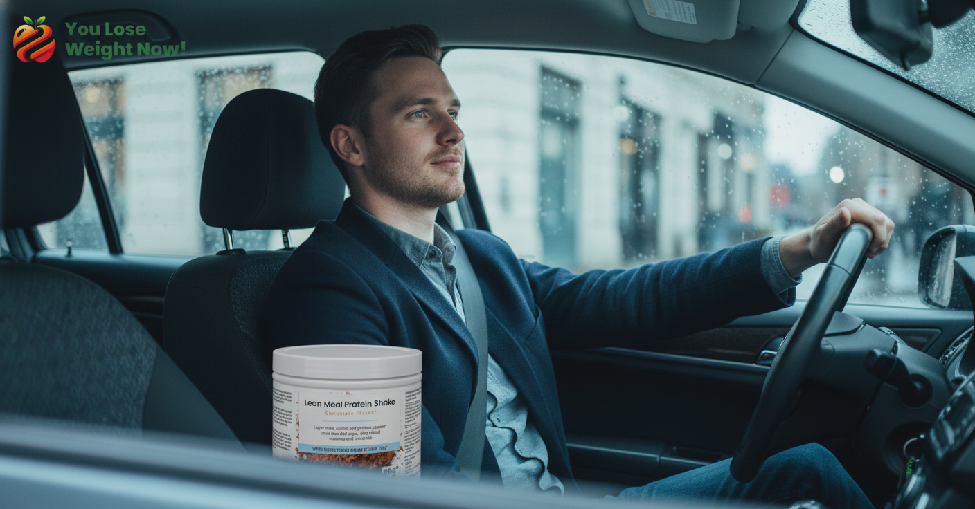 A White man in his late 20s sits alone in the driver's seat of a parked car, relaxed, looking out the window. The YouLoseWeightNow! Lean Meal Protein Shake round pot sits on the passenger seat, label facing forward. Cinematic window light, moody and intimate. The YouLoseWeightNow! logo is visible in the top left corner of the image.