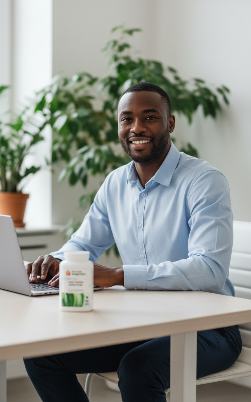 Black male professional at office desk with YouLoseWeightNow! Colon Cleanse Herbal Surge supplement visible — gut health for busy professionals, plants in background
