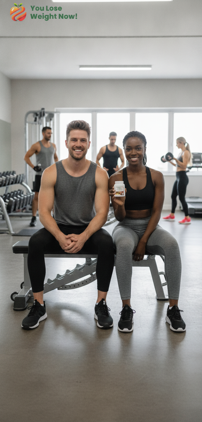 A White man and a Black woman, both mid-twenties, at the gym between sets, she holds the Apple Cider Metabolism Ignite flat pot. Other gym-goers visible in the background. The YouLoseWeightNow! logo is visible in the top left corner of the image.