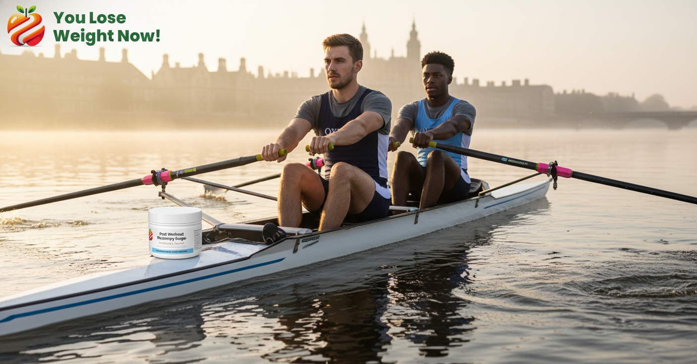 Two rowers in Oxford and Cambridge rowing kit racing in a sleek shell on the River Thames, one with the Post Workout Recovery Surge supplement pot beside him, dramatic morning light and river mist. The YouLoseWeightNow! logo is visible in the top left corner of the image.