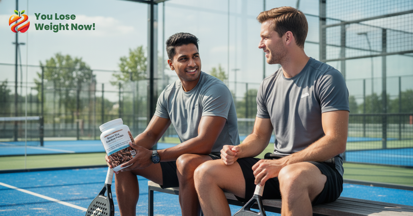 A South Asian male and a White male, both late 20s, well-built and athletic, taking a break courtside at a padel tennis court, one holding a 1500ml white round barrel supplement pot, both looking energised and competitive but relaxed, bright outdoor light, cinematic editorial quality. The YouLoseWeightNow! logo is visible in the top left corner of the image.