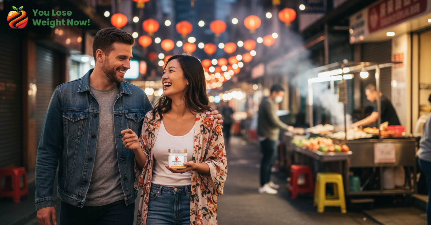 A White man and an East Asian woman in their late twenties browse a vibrant night market, laughing, street food stalls glowing around them. The woman holds a YouLoseWeightNow! 17 Vitamins Probiotic Surge flat supplement pot casually in her hand. The YouLoseWeightNow! logo is visible in the top left corner of the image.