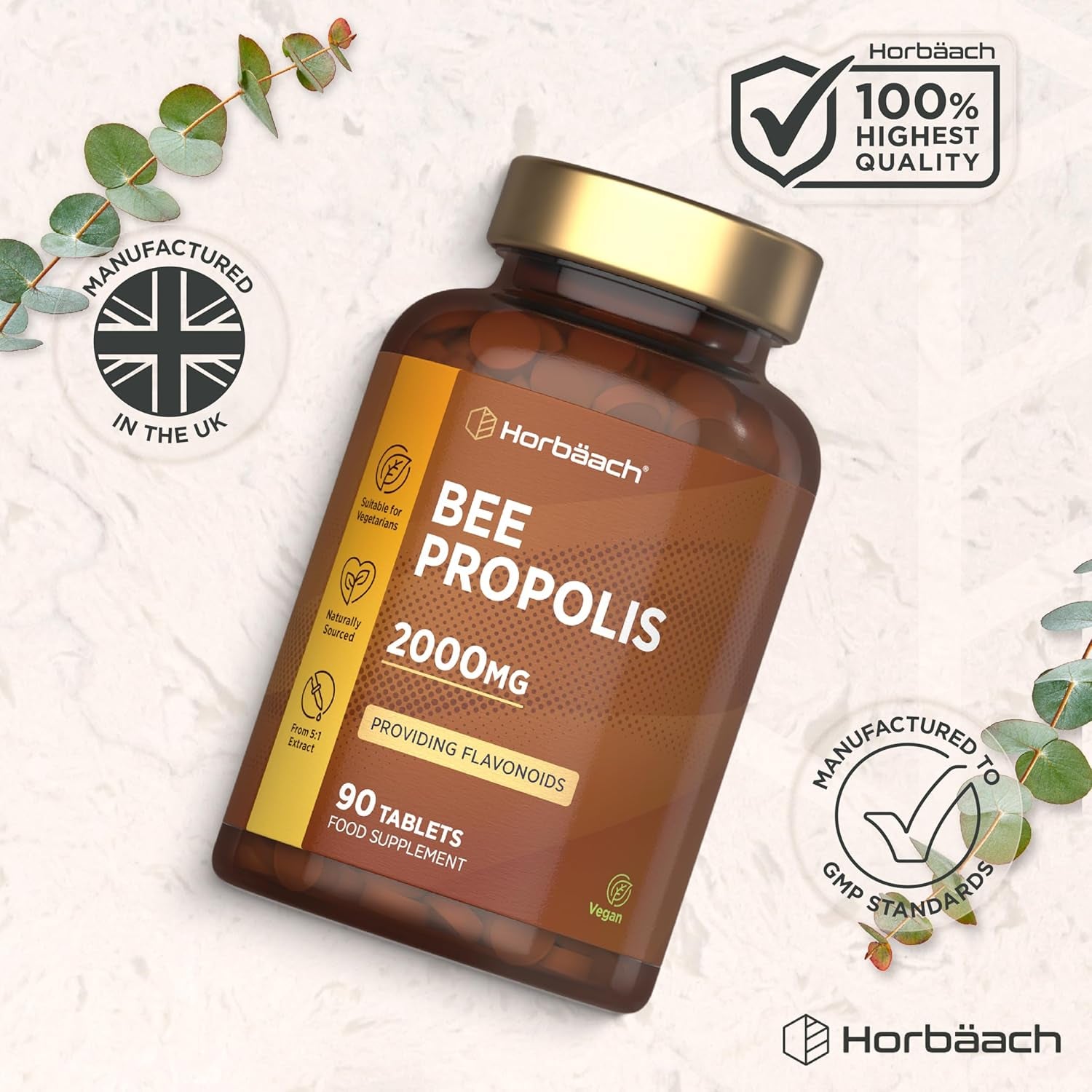Bee Propolis Tablets 2000Mg | Flavonoids Propolis Supplement | 90 Vegetarian Tablets | High Strength 5:1 Extract | by