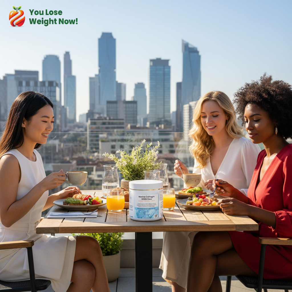 Three young women — one East Asian, one White, one Black — enjoying brunch on a stunning city rooftop terrace, the Marine Collagen 9000 Glow round pot by YouLoseWeightNow! on the table among brunch plates and drinks, label visible, natural light. The YouLoseWeightNow! logo is visible in the top left corner of the image.