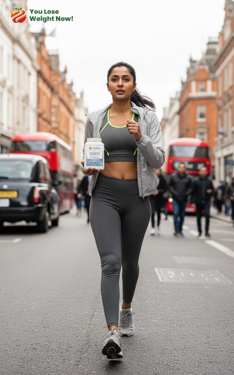 a South Asian woman in her late 20s power-walking confidently down a busy London high street, tiny flat supplement pot held in hand, pedestrians blurred in the background, cinematic editorial quality. The YouLoseWeightNow! logo is visible in the top left corner of the image.