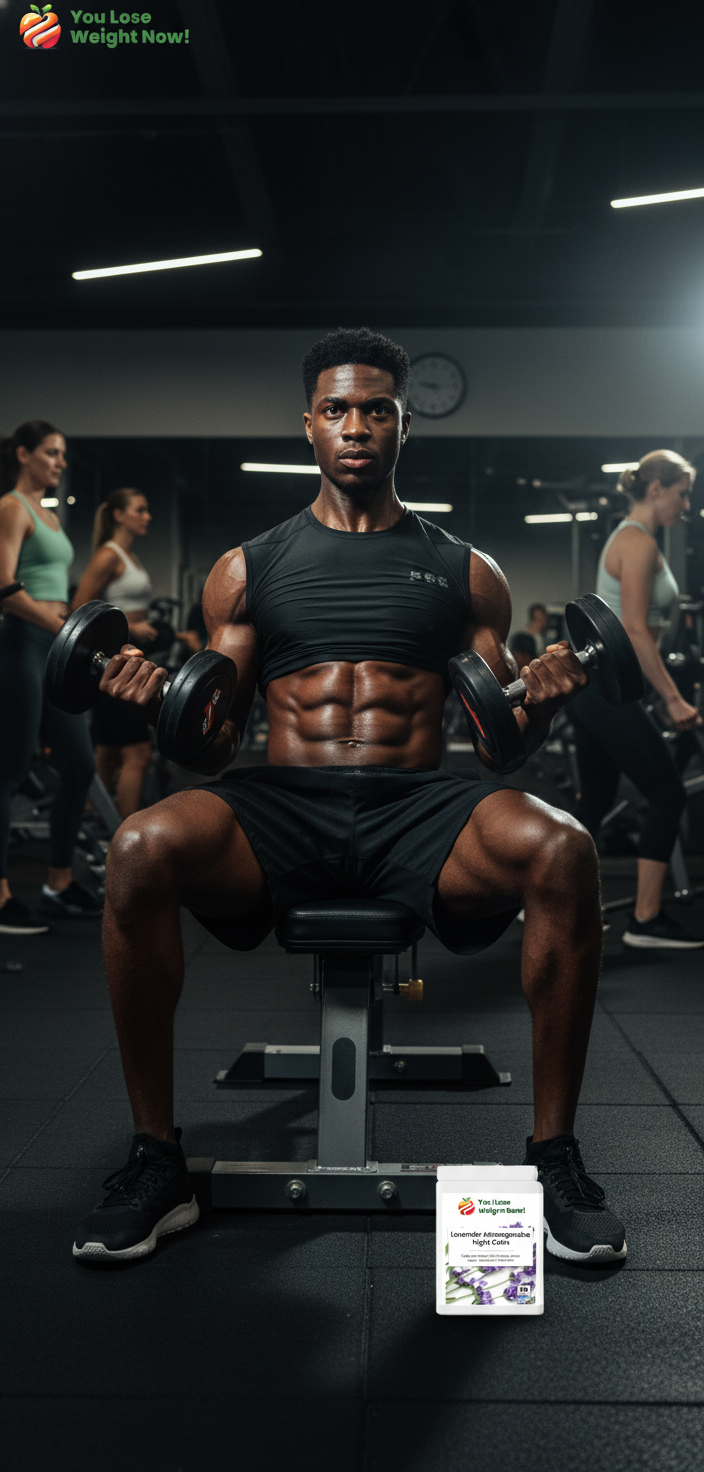 A very fit young Black man mid-workout in a busy gym, lifting weights with energy and focus. The Lavender Ashwagandha Night Calm flat postal pot is visible on the bench beside him. Other gym-goers active in the background. The YouLoseWeightNow! logo is visible in the top left corner of the image.