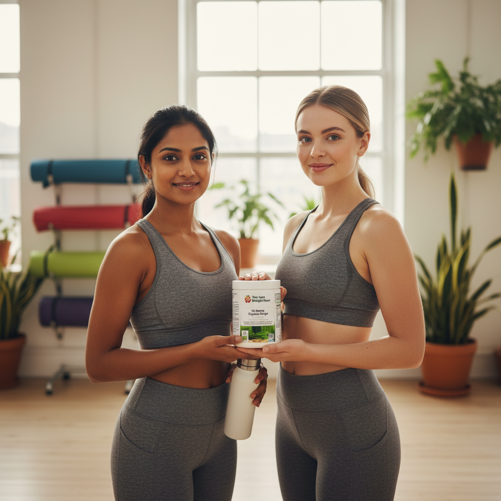 Two women at a yoga studio with 35 Greens Organic Surge — organic superfoods powder by YouLoseWeightNow!