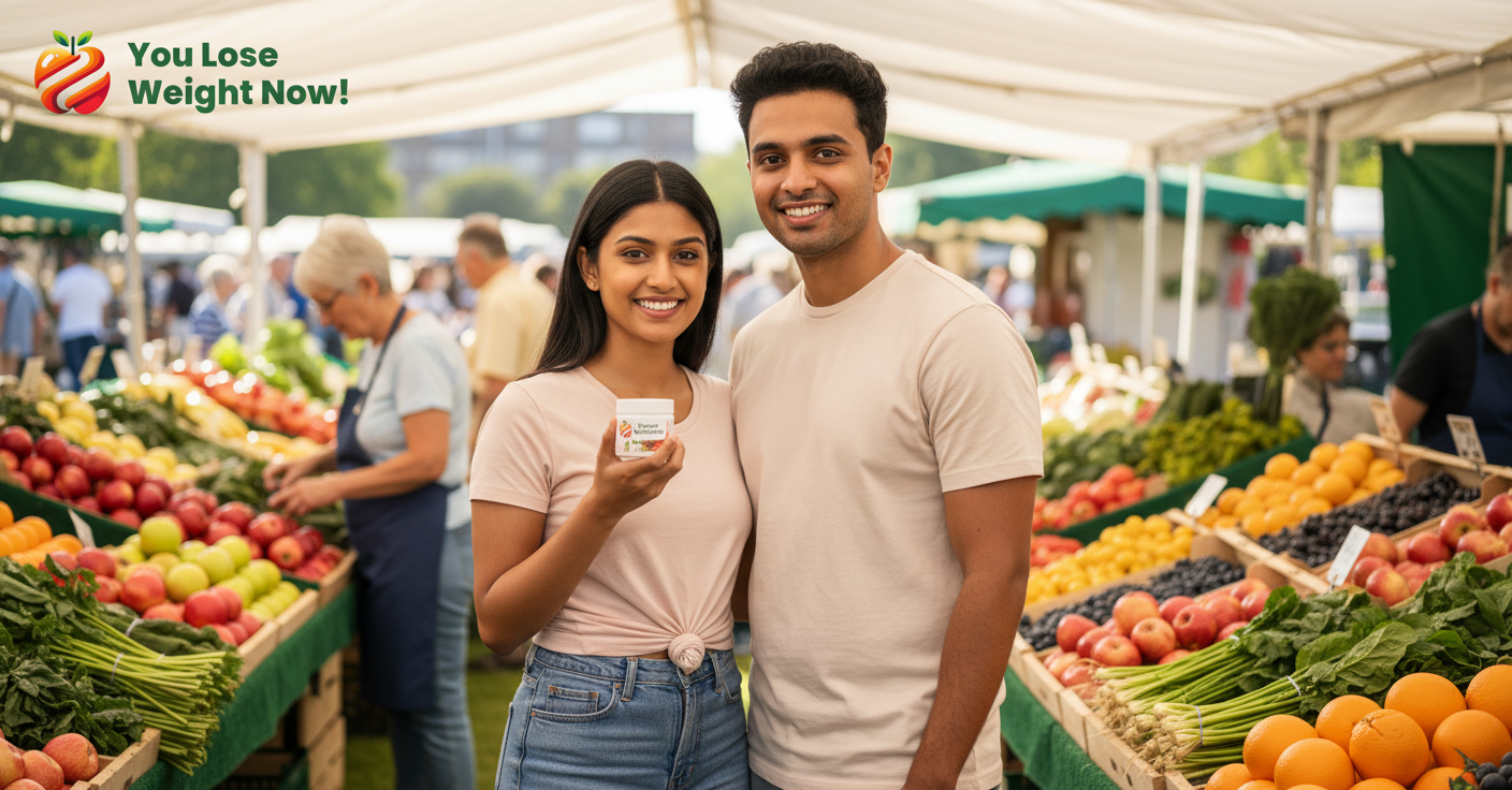 A young South Asian couple browsing a vibrant outdoor farmers market surrounded by fresh fruit and vegetables, one holding the 35 Greens Fruits Surge flat pot by YouLoseWeightNow!, label visible, colourful, editorial, natural daylight. The YouLoseWeightNow! logo is visible in the top left corner of the image.